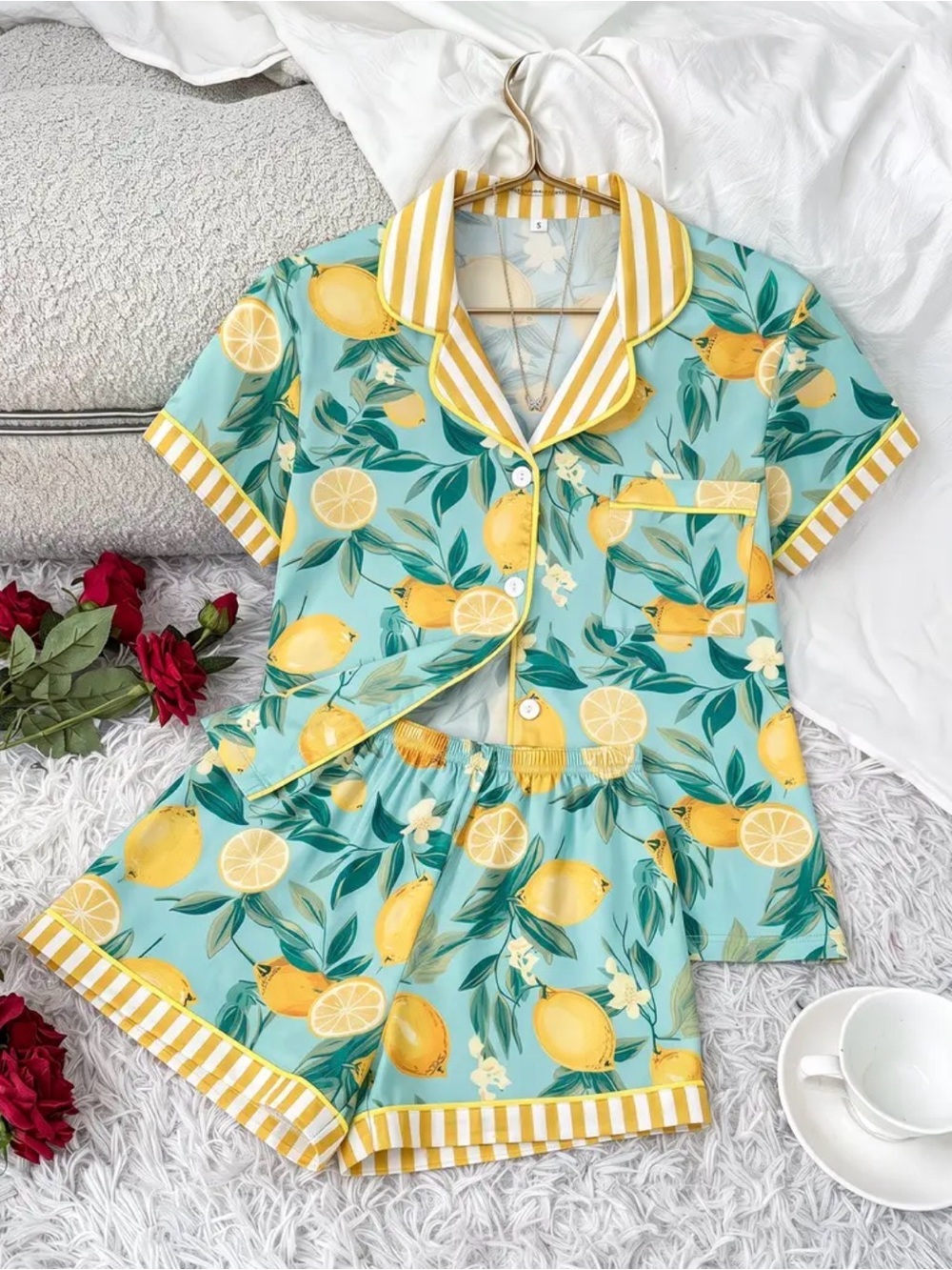 🍋🍋🍋BOGOHO🍋🍋🍋Lemon Print Short Pajama Set - Aqua & Yellow-XL
